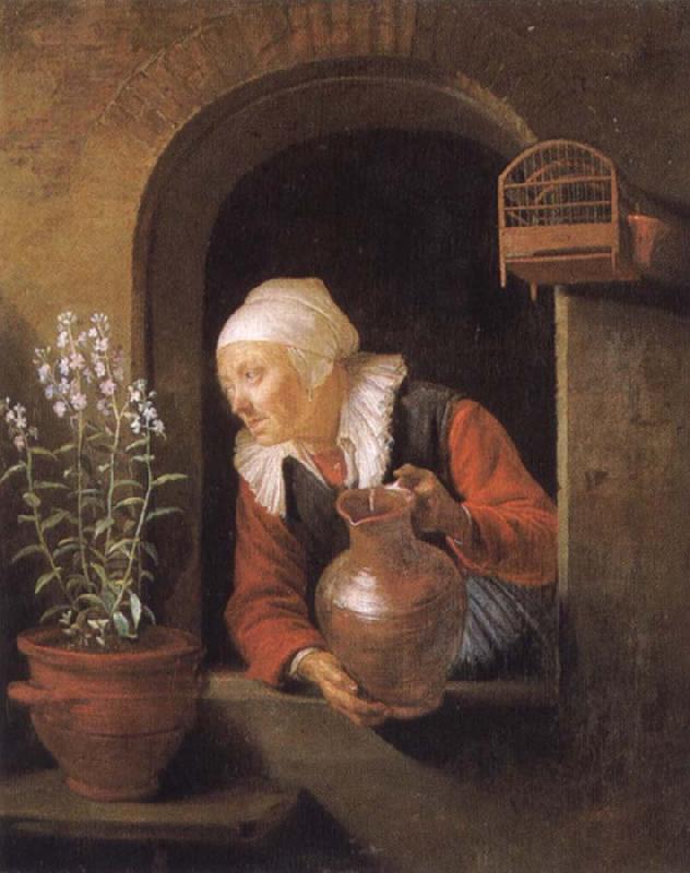 Gerard Dou Old woman at her window,Watering flower